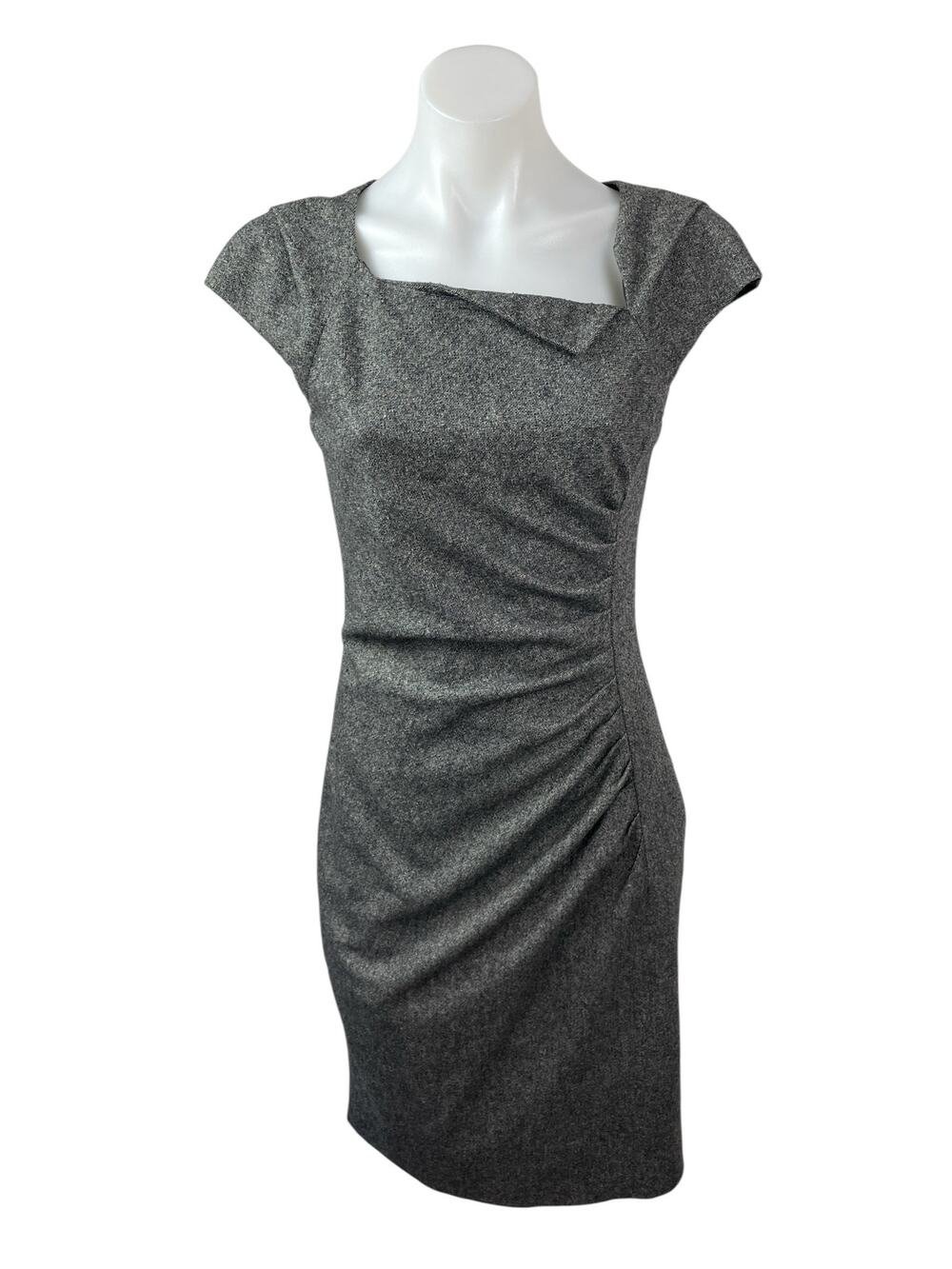 L.K. Bennett Gray Wool Cap Sleeve Square Neck Ruched Mini Sheath Dress Size 4